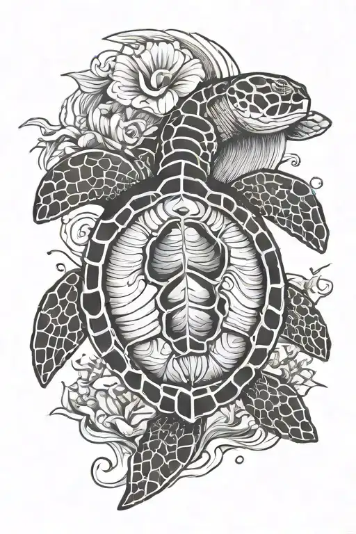 Simple Sea turtle ocean themed tattoo going straight down a women’s chest. Include a sea turtle and waves, sea shells. tattoo design idea
