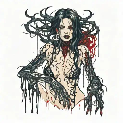 Sexy Demon Girl, long nails, red eyes, scraggly black hair. dripping in blood, tight revealing lingerie.  tattoo design idea