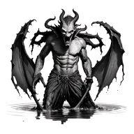 demon.extreme realism.standing over a puddle.b&w tattoo design idea