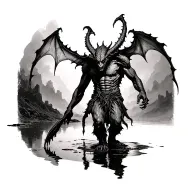 demon.extreme realism.standing over a puddle.b&w tattoo design idea