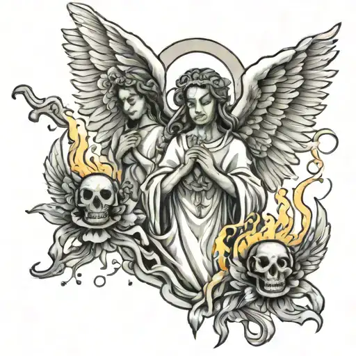 3 angels with bills burning with the holy cross against witchcraft tattoo design idea