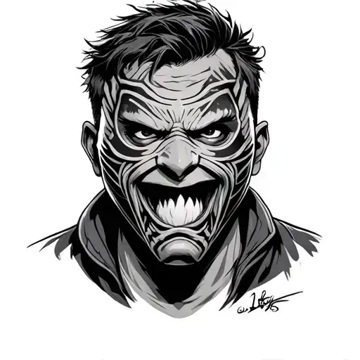 A guy with a determined face with a hilarious mask tattoo design idea