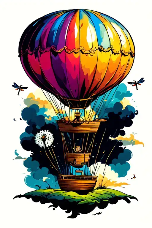 hot air balloon with a dandelion as balloon as the seed blow frome the top the turn into dragonflys getting bigger as th tattoo design idea
