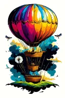 hot air balloon with a dandelion as balloon as the seed blow frome the top the turn into dragonflys getting bigger as th tattoo design idea