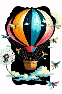 hot air balloon with a dandelion as balloon as the seed blow frome the top the turn into dragonflys getting bigger as th tattoo design idea