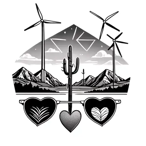 palm springs mountains with windmills and 3 triangles staggered and small heart shaped sunglasses hanging from a cactus tattoo design idea