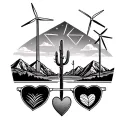 palm springs mountains with windmills and 3 triangles staggered and small heart shaped sunglasses hanging from a cactus tattoo design idea