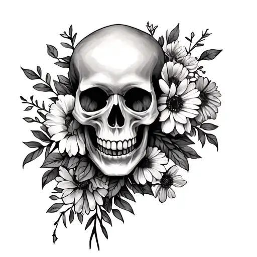 skull hand with birth flower bouquet tattoo design idea