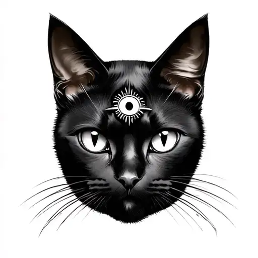 all black cat face with 3rd eye on head tattoo design idea