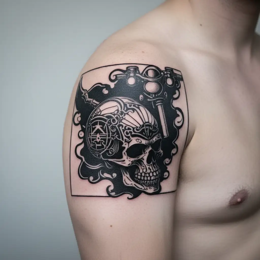 skull and Harley Davidson motorcycle tattoo design idea