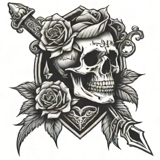 skull and dagger with heart and roses tattoo design idea