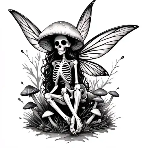 skeleton mushroom fairy surrounded with bones and mushrooms  tattoo design idea