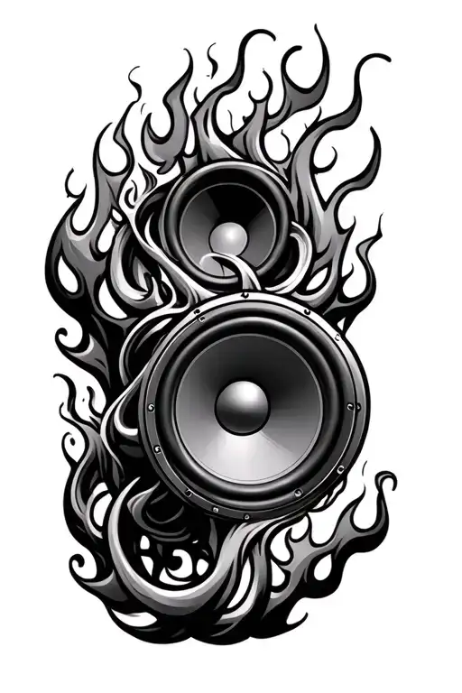 subwoofer producing old school hotrod type flames and musical notes intertwined  tattoo design idea