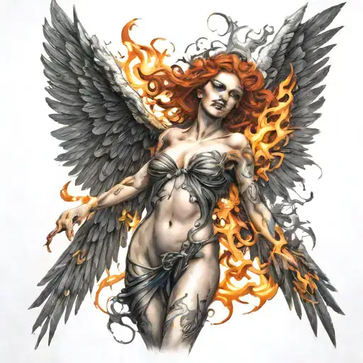 fallen angel with burning wings tattoo design idea