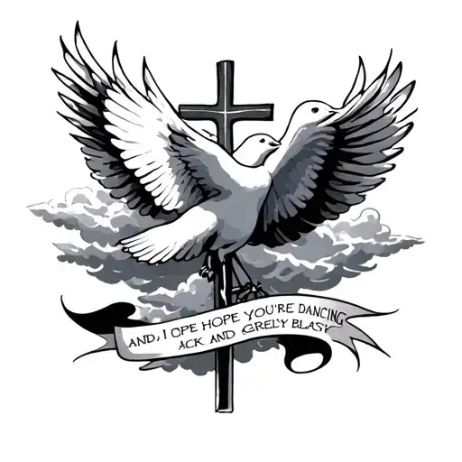 give me a scetch of a tattoo thats got clouds and 2 doves and a cross and then a text saying " And I hope you're dancing tattoo design idea