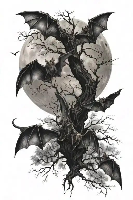 poison tree moon bats flying tattoo design idea