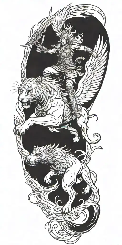a warrior riding a panther into battle with a phoenix flying in the sky behind them tattoo design idea