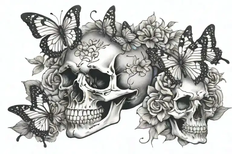 skull and butterflies  tattoo design idea