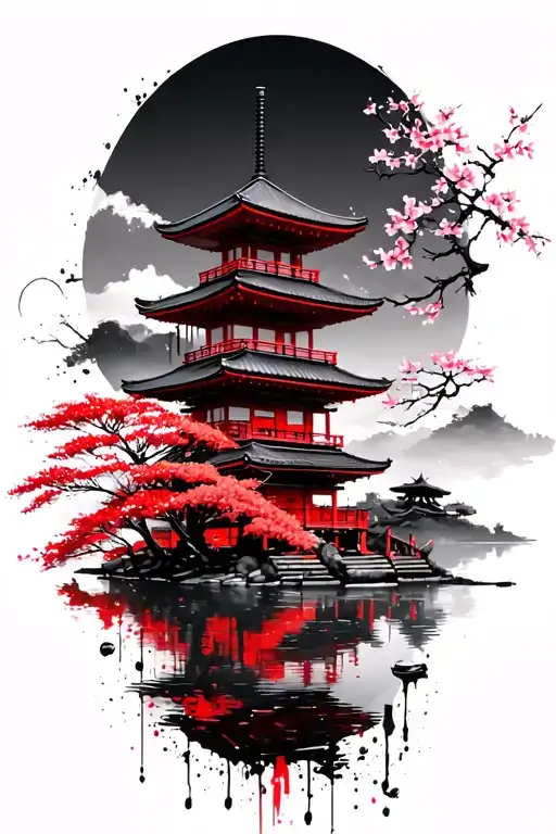 Japanese pagoda with cherry blossoms and Japanese maple trees and river tattoo design idea