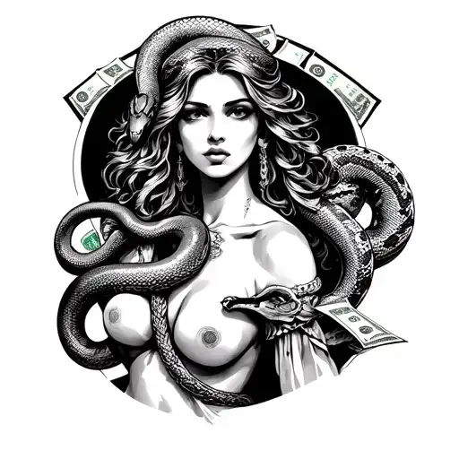beautiful woman from Themis with big breasts with a snake on her shoulder and money for vagaries tattoo design idea