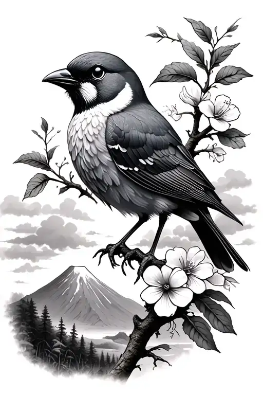 Torogoz bird perched on branch with flowers overlooking Salvadoran landscape of a volcano, forest, and clouds. tattoo design idea