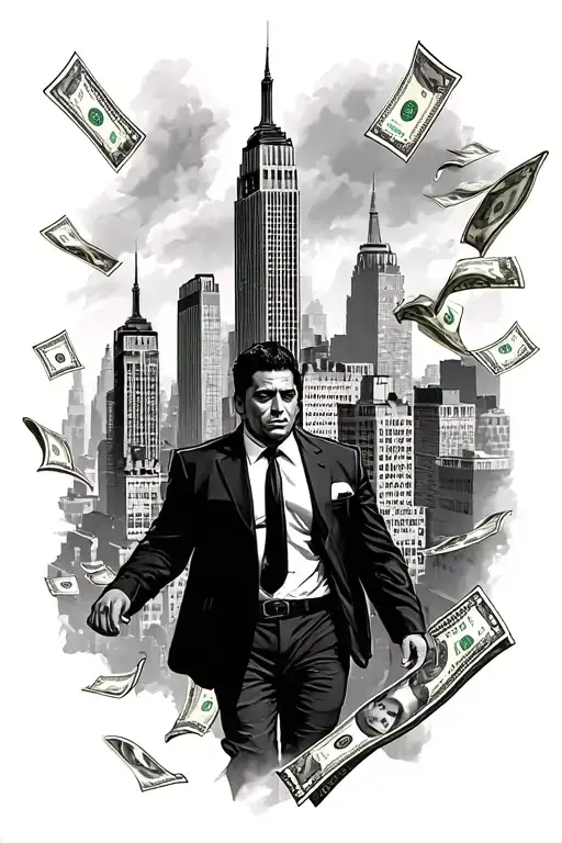Generate me a tattoo, with Manhattan and money falling from the sky and scarface walking tattoo design idea