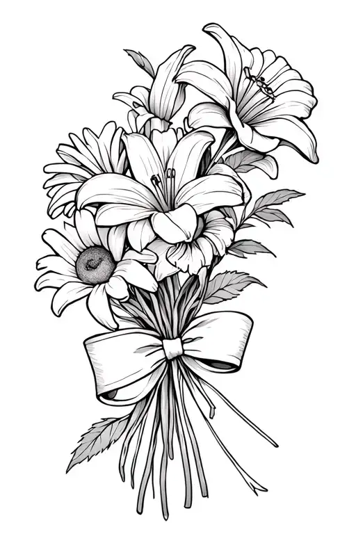 two lillies, two carnatins, two daisies, and a rose, in a bouquet, tied in thick ribbon tattoo design idea