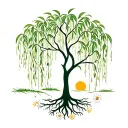 weeping Willow tree with long leaves , roots and daisys on the roots with a sun behind it tattoo design idea