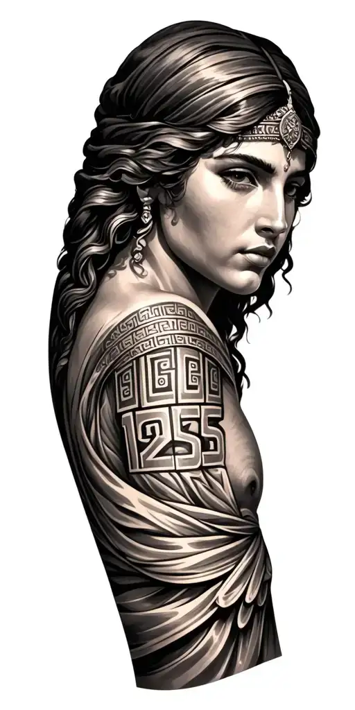 Greek theme with numbers 1952 full sleeve tattoo design idea