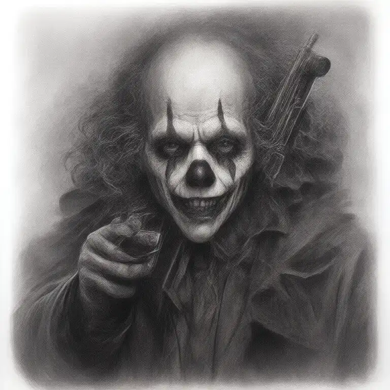 scary clown with gun to grim reaper's head tattoo design idea