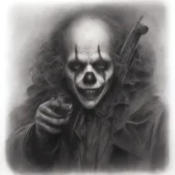 scary clown with gun to grim reaper's head tattoo design idea