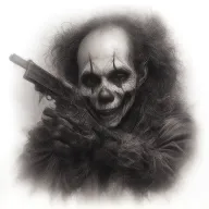 scary clown with gun to grim reaper's head tattoo design idea