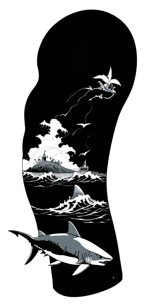 Brujula shoulder with an island, connected with waves, below a small hobby and down a shark with shadow tattoo design idea
