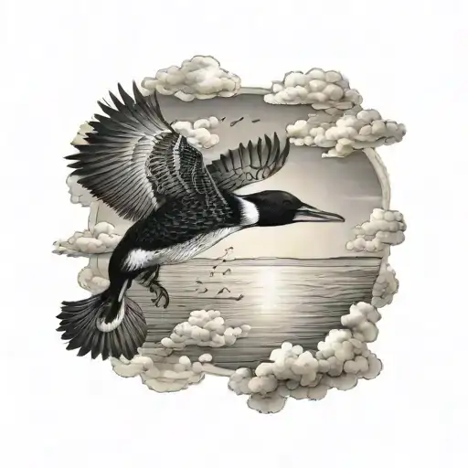 sun rise with clouds a loon flying in the clouds with the creation hands shaded in it tattoo design idea