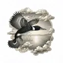 sun rise with clouds a loon flying in the clouds with the creation hands shaded in it tattoo design idea