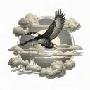 sun rise with clouds a loon flying in the clouds with the creation hands shaded in it tattoo design idea