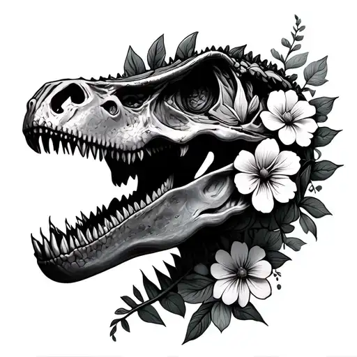 spinosaurus dinosaur skull with flowers tattoo design idea