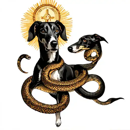 Greyhound fullbody with a religious halo fighting a snake tattoo design idea