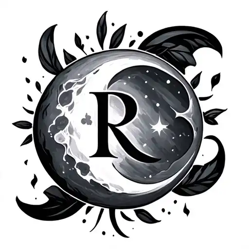 half moon with a cursive R next to it tattoo design idea