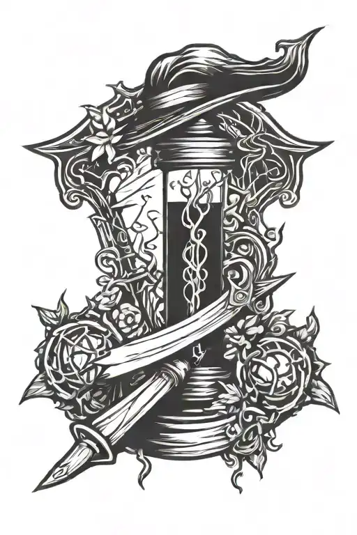 witch's broom, hourglass, sword, devil's fork tattoo design idea