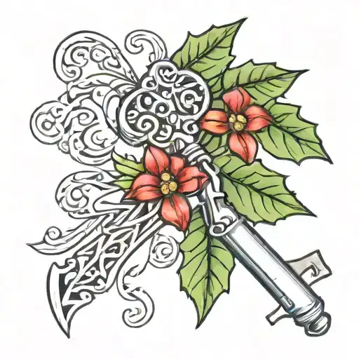 key with a holly leaf intertwined tattoo design idea