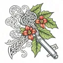 key with a holly leaf intertwined tattoo design idea