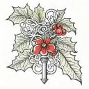 key with a holly leaf intertwined tattoo design idea