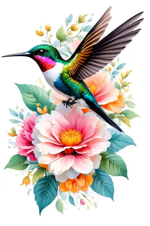 humming birds with flowers white background  tattoo design idea
