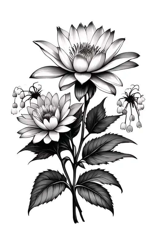 waterlilly  flower rose lily of the valley flowers one aster flower marigold flower on bush dark background  tattoo design idea