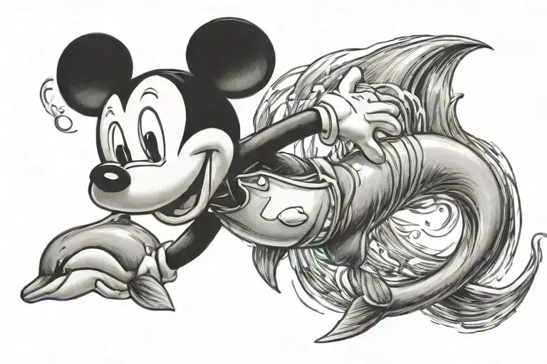 mickey mouse holding a small dolphin leaping tattoo design idea