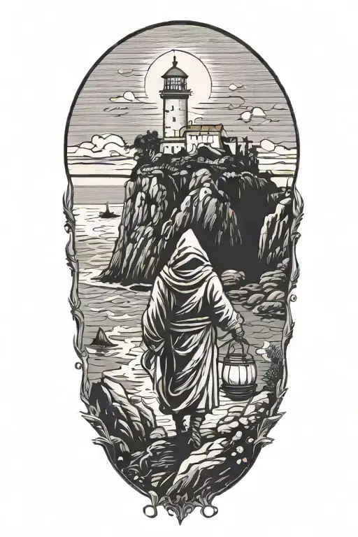 A hooded cultist walking along a cliff holding a lantern, with ocean in background, isolated island with a monastery tattoo design idea