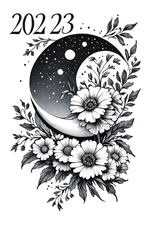 waning crescent moon with cosmo flowers and marigold flowers and the year 2023 in Roman numerals tattoo design idea