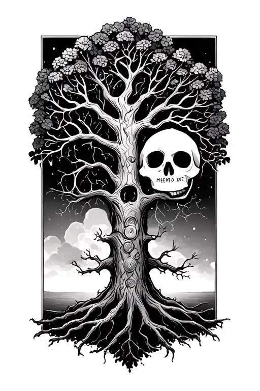 "Memento Mori" life tree half live half die tattoo design idea