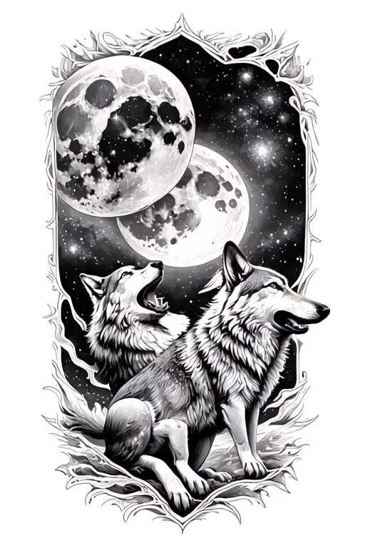 A cosmic tattoo featuring a galaxy with wolves howling at the moon tattoo design idea